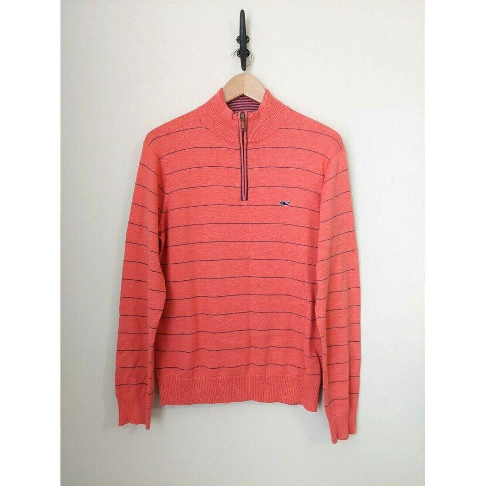 Vineyard Vines Cotton Knit Sweater- 1/4 Zip Coral Striped Pullover